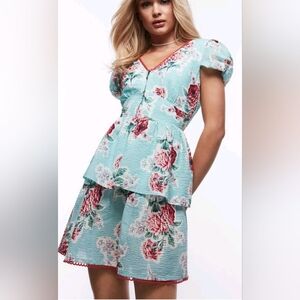 Betsey Johnson Teal Blue Floral Babydoll Tiered Seersucker Tea Dress Sz L